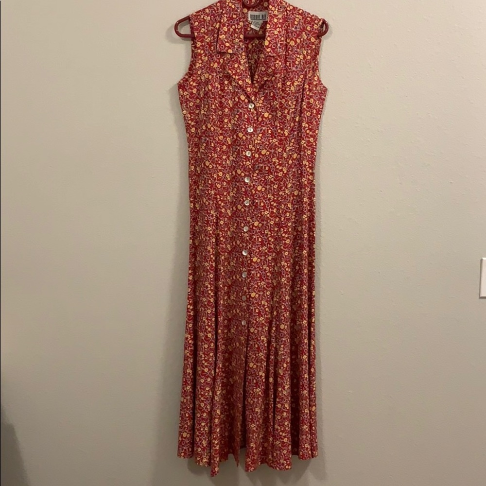 Red floral summer midi button front dress